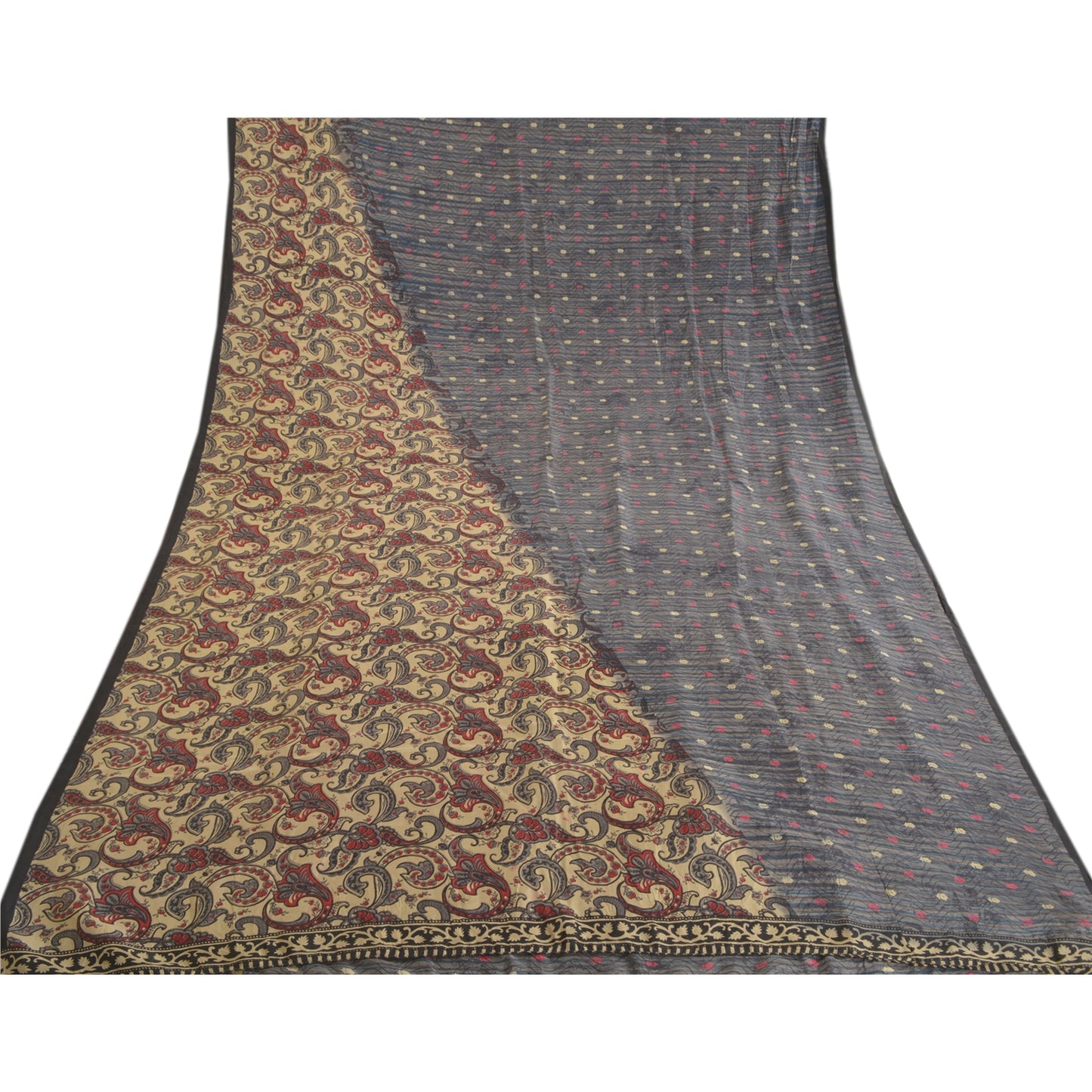 Sanskriti Vintage Gray Sarees 100% Pure Silk Printed Sari Floral Craft Sustainable Fabric