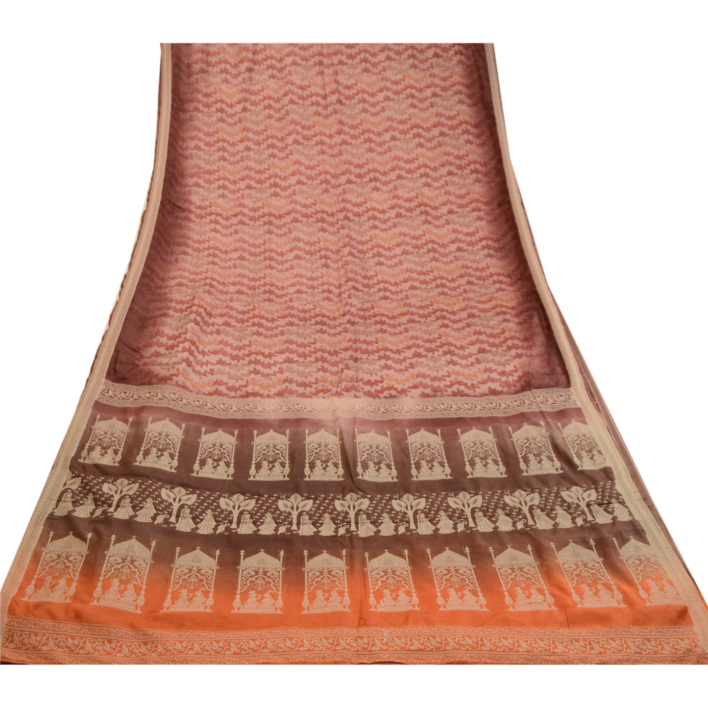 Sanskriti Vintage Pink Baluchari Mythological Sarees Pure Silk Print Sari Sustainable Fabric