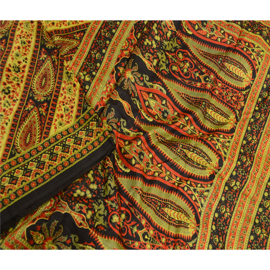 Sanskriti Vintage Black Sarees Pure Silk Printed Sari 5yd Floral Craft Sustainable Fabric
