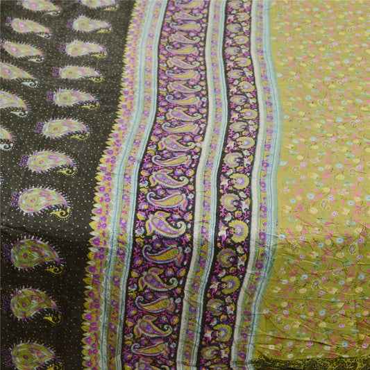 Sanskriti Vintage Green Sarees Pure Silk Printed Floral Sari 5yd Craft Sustainable Fabric