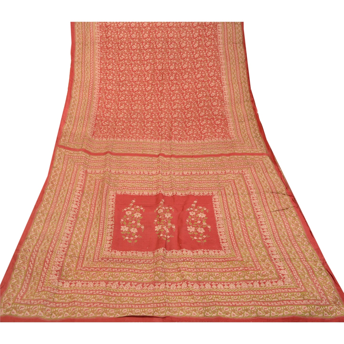 Sanskriti Vintage Red Printed Sarees Pure Silk Soft Sari Floral 5yd Craft Sustainable Fabric