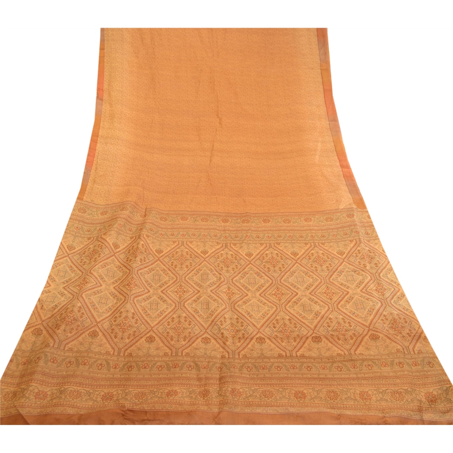 Sanskriti Vintage Saffron 100% Pure Silk Print Sarees Sari Floral Craft Sustainable Fabric