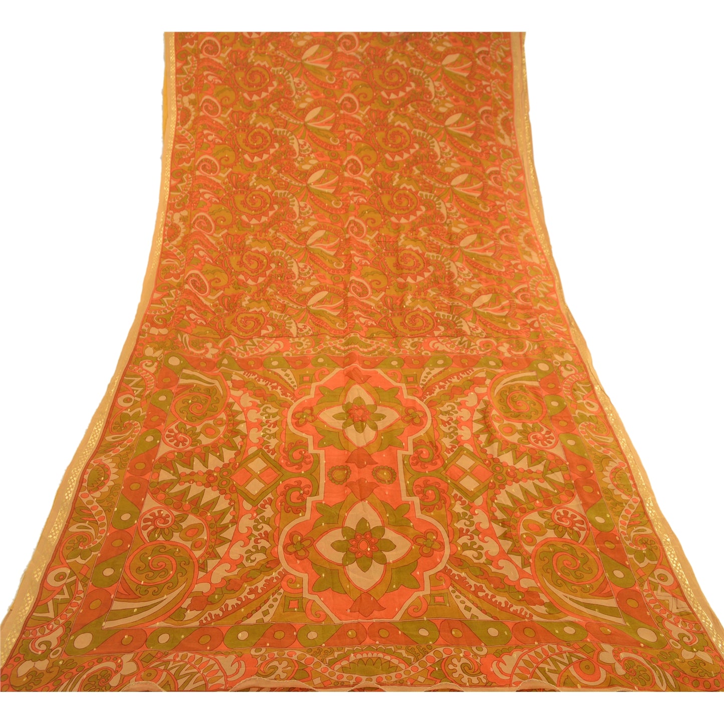 Sanskriti Vintage Orange Sarees Pure Silk Printed Woven Sari Craft Sustainable Fabric