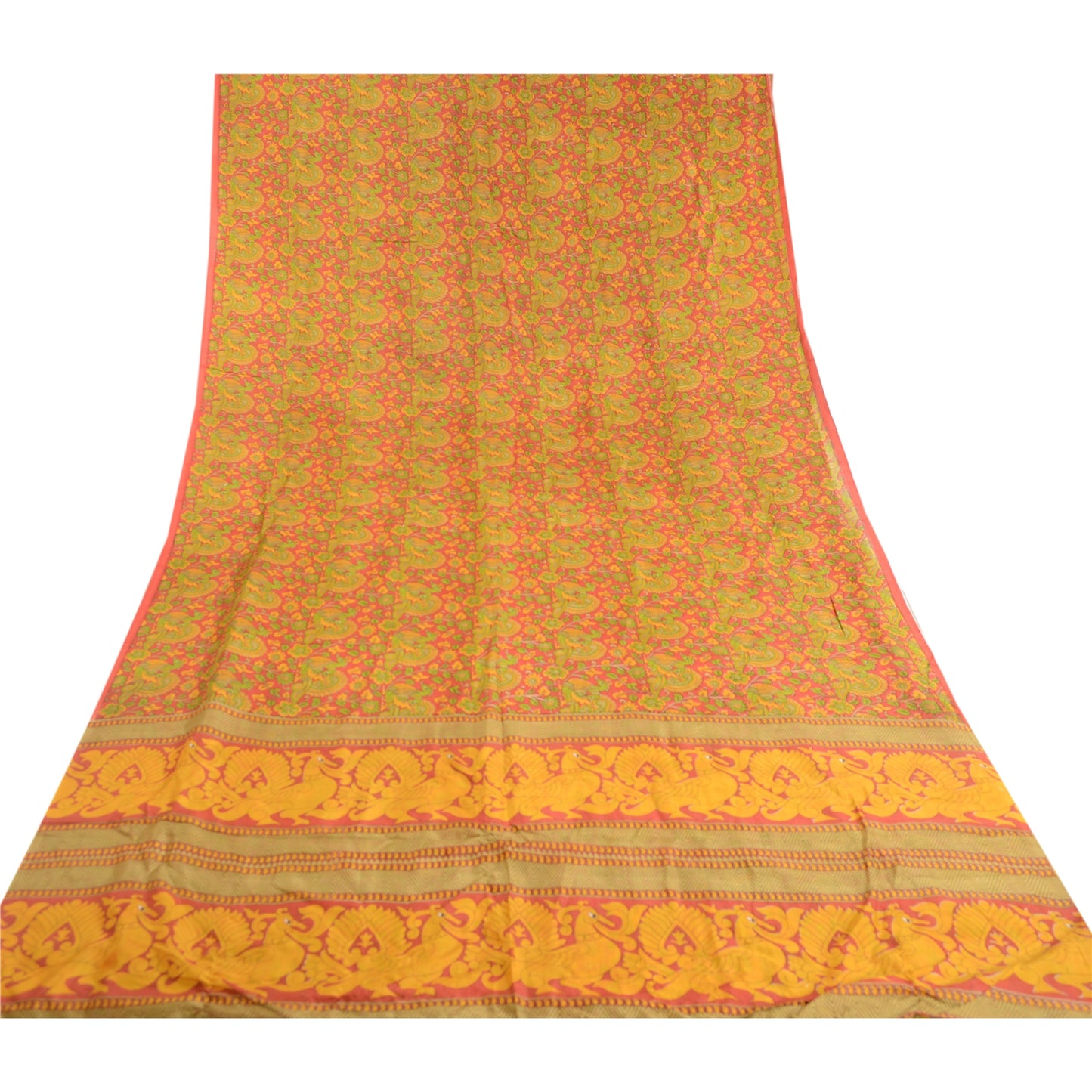 Sanskriti Vintage Red Peacock Printed Sarees Pure Silk Sari Floral Craft Sustainable Fabric