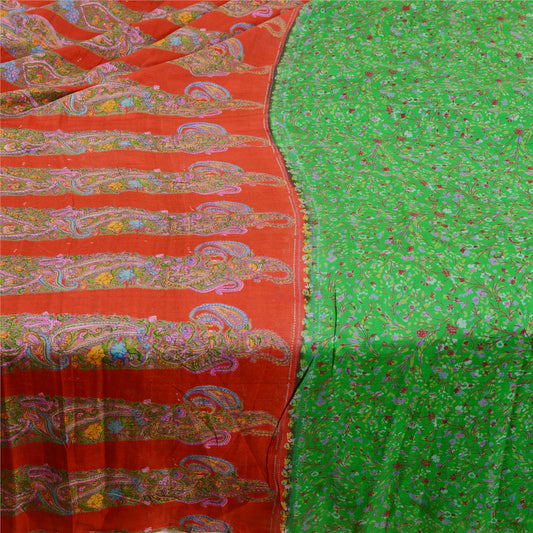 Sanskriti Vintage Green Sarees 100% Pure Silk Printed Sari Soft 5yd Craft Sustainable Fabric