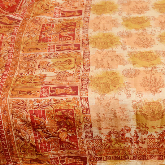Sanskriti Vintage Sarees Red Human Animal Printed Pure Silk Sari Craft Sustainable Fabric