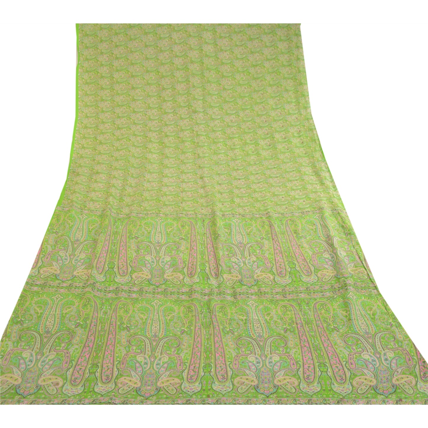 Sanskriti Vintage Green Sarees Printed 100% Pure Silk Sari 5yd Soft Craft Sustainable Fabric