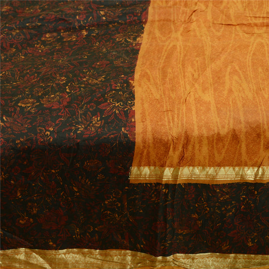 Sanskriti Vintage Saffron Sarees Indian Pure Silk Printed Sari 5yd Craft Sustainable Fabric