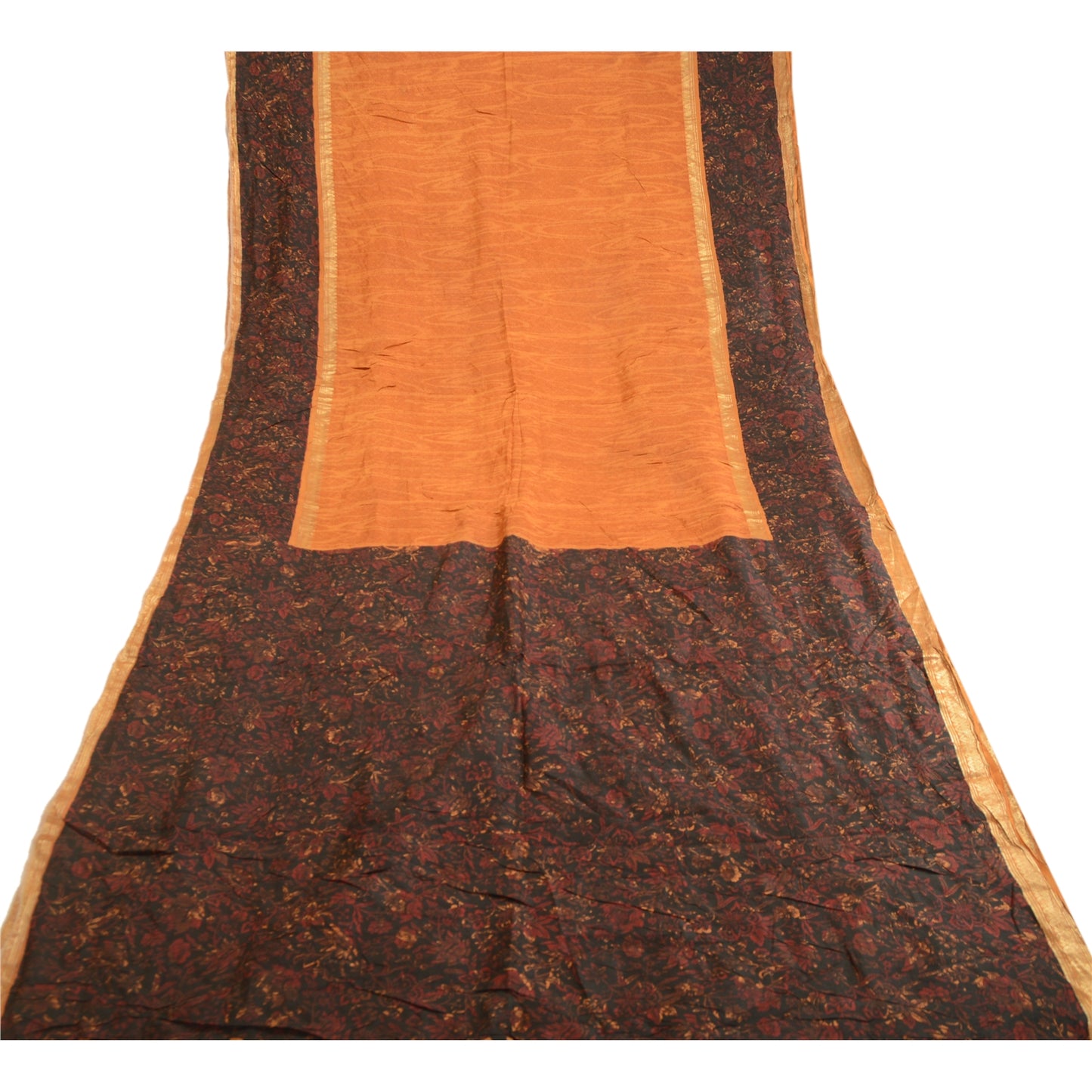 Sanskriti Vintage Saffron Sarees Indian Pure Silk Printed Sari 5yd Craft Sustainable Fabric