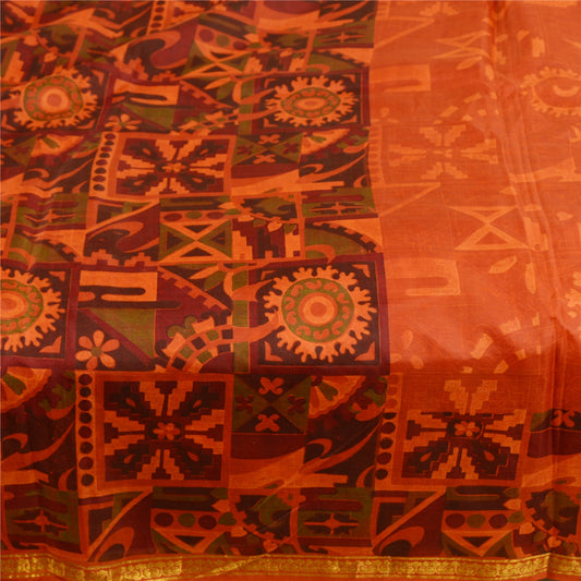 Sanskriti Vintage Sarees Saffron Pure Silk Printed Zari Border Sari Craft Sustainable Fabric