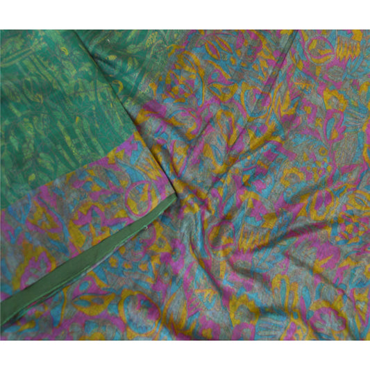 Sanskriti Vintage Sarees Green Art Silk Printed Sari Soft 5yd Deco Craft Sustainable Fabric
