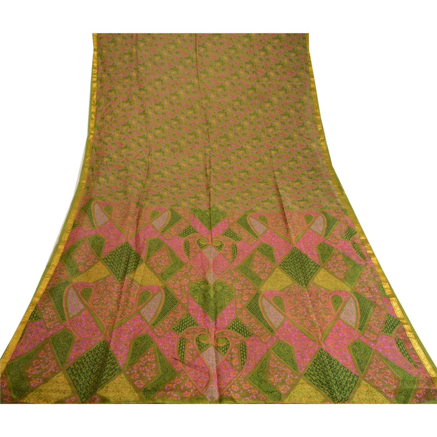 Sanskriti Vintage Sarees Green Art Silk Printed Zari Border Sari Craft Sustainable Fabric