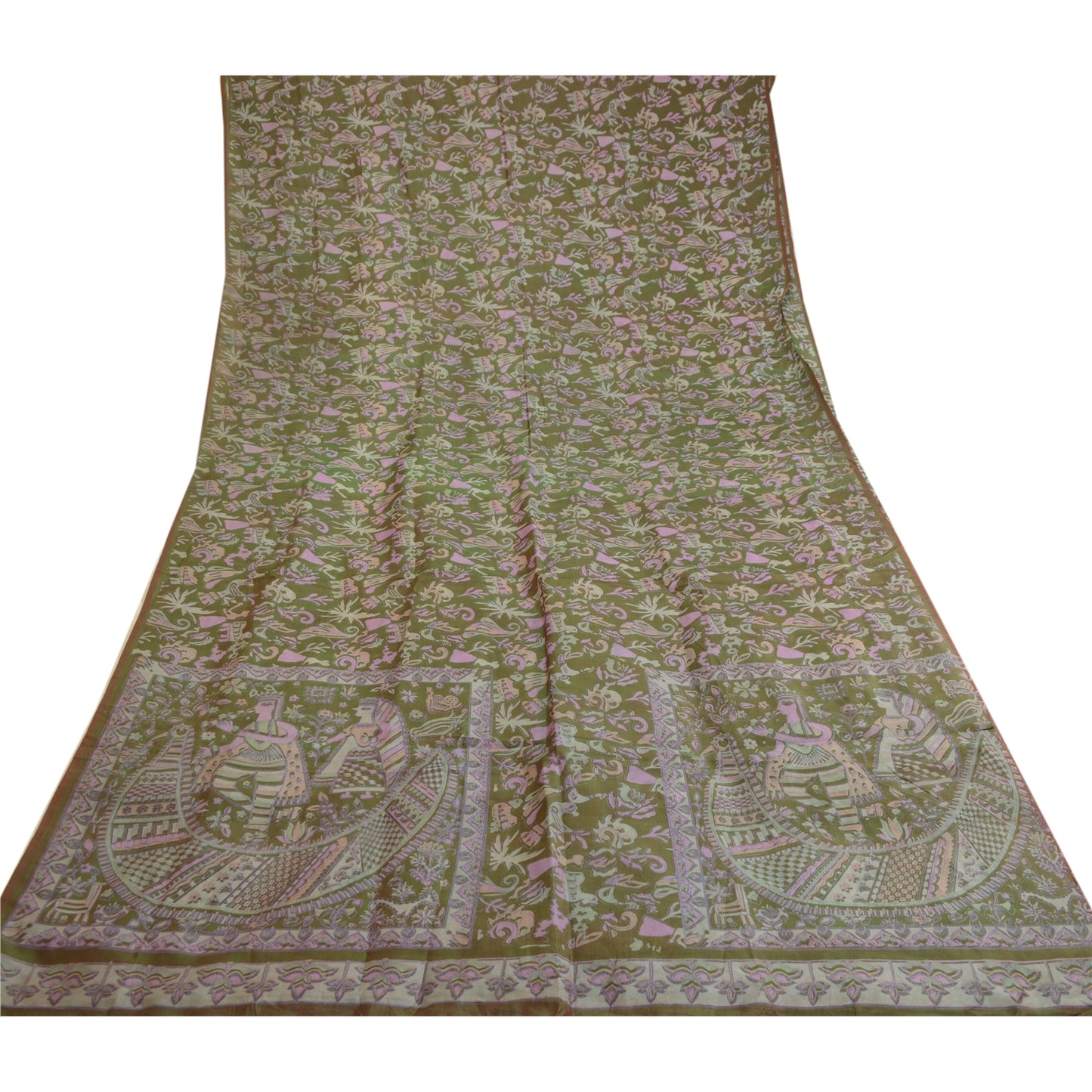 Sanskriti Vintage Grønne Menneskefugleprintede Sarier Ren Silke Sari Håndværk Bæredygtigt Stoff