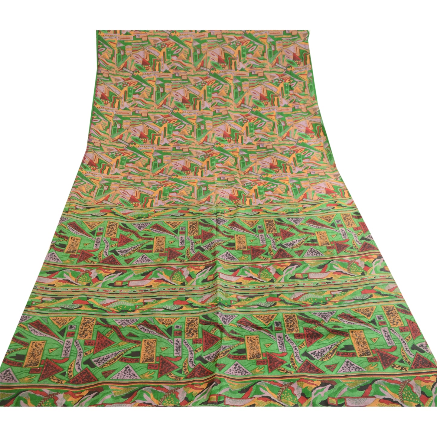 Sanskriti Vintage Green Sarees 100% Pure Silk Sari Printed 5yd Soft Craft Sustainable Fabric