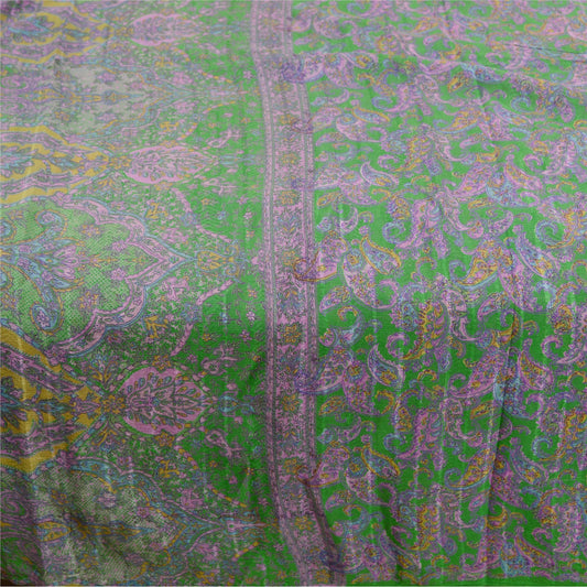 Sanskriti Vintage Green Printed Sarees 100% Pure Silk Sari Floral Craft Sustainable Fabric
