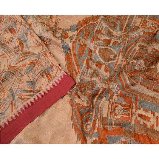 Sanskriti Vintage Peach Printed Self Sarees 100% Pure Silk Sari 5yd Craft Sustainable Fabric