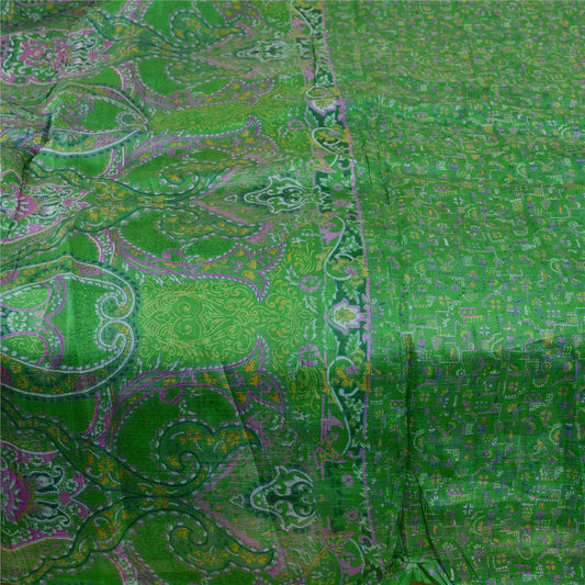 Sanskriti Vintage Green Printed Sarees 100% Pure Silk Sari Floral Craft Sustainable Fabric