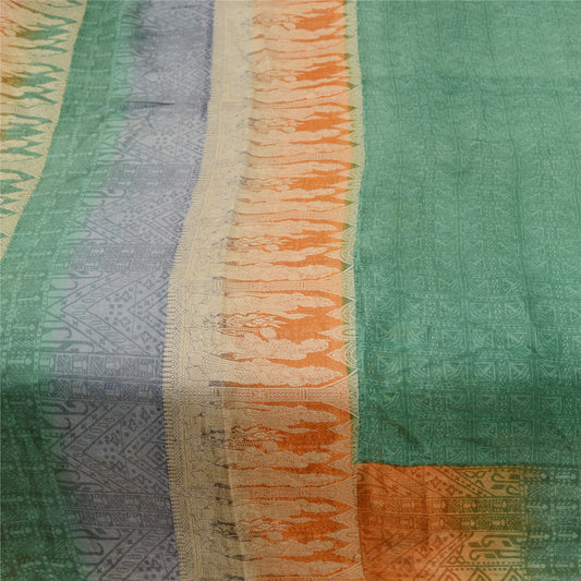 Sanskriti Vintage Sarees Green Mythological Woven Printed Pure Silk Sari Sustainable Fabric