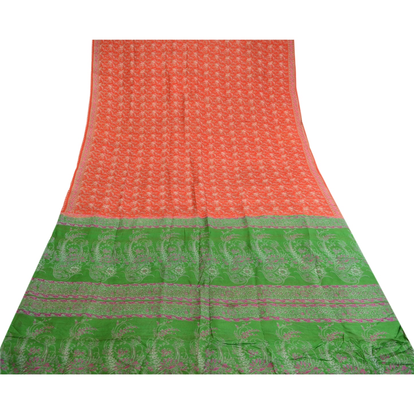 Sanskriti Vintage Sarees Orange Indian Printed Pure Silk Sari 5yd Craft Sustainable Fabric