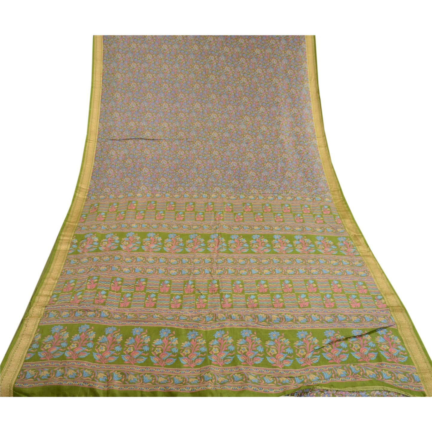 Sanskriti Vintage Green Indian Sarees Printed Pure Silk Sari Soft Craft Sustainable Fabric