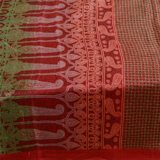 Sanskriti Vintage Red Indian Sarees Printed Pure Silk Sari 5yd Soft Craft Sustainable Fabric