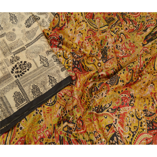 Sanskriti Vintage Ivory Sarees 100% Pure Silk Printed Sari Soft 5yd Craft Sustainable Fabric
