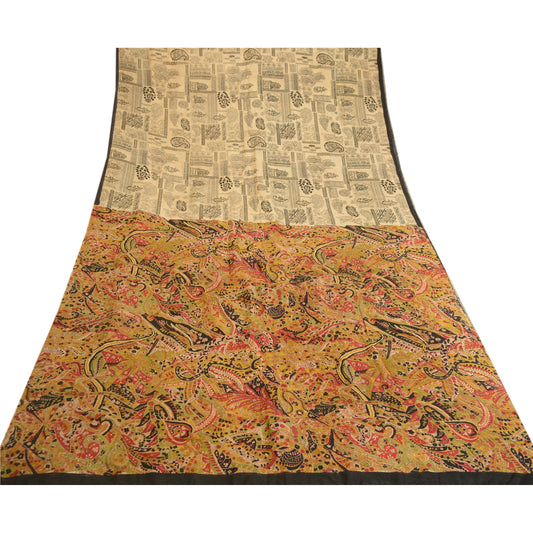 Sanskriti Vintage Ivory Sarees 100% Pure Silk Printed Sari Soft 5yd Craft Sustainable Fabric