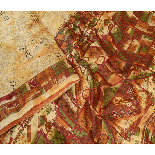 Sanskriti Vintage Beige Indiske Sarier Ren Silke Trykt Sari 5yd Håndværk Bæredygtigt Stoff