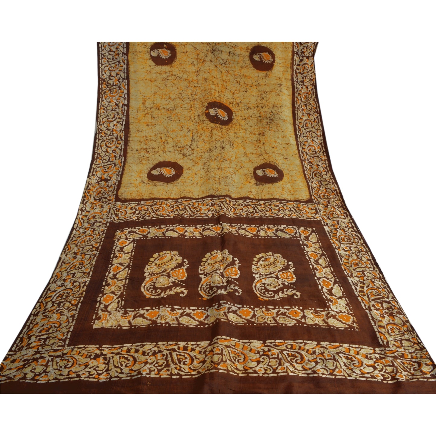 Sanskriti Vintage Sarees Yellow Batik Printed Pure Silk Sari Soft Craft Sustainable Fabric