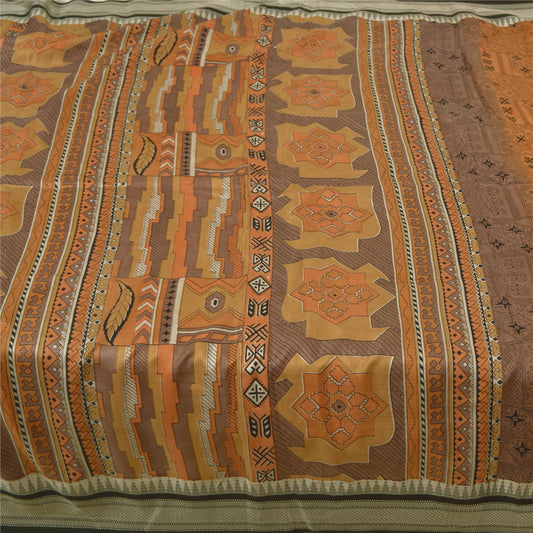 Sanskriti Vintage Sarees Orange Printed Pure Silk Sari Soft Floral Craft Sustainable Fabric