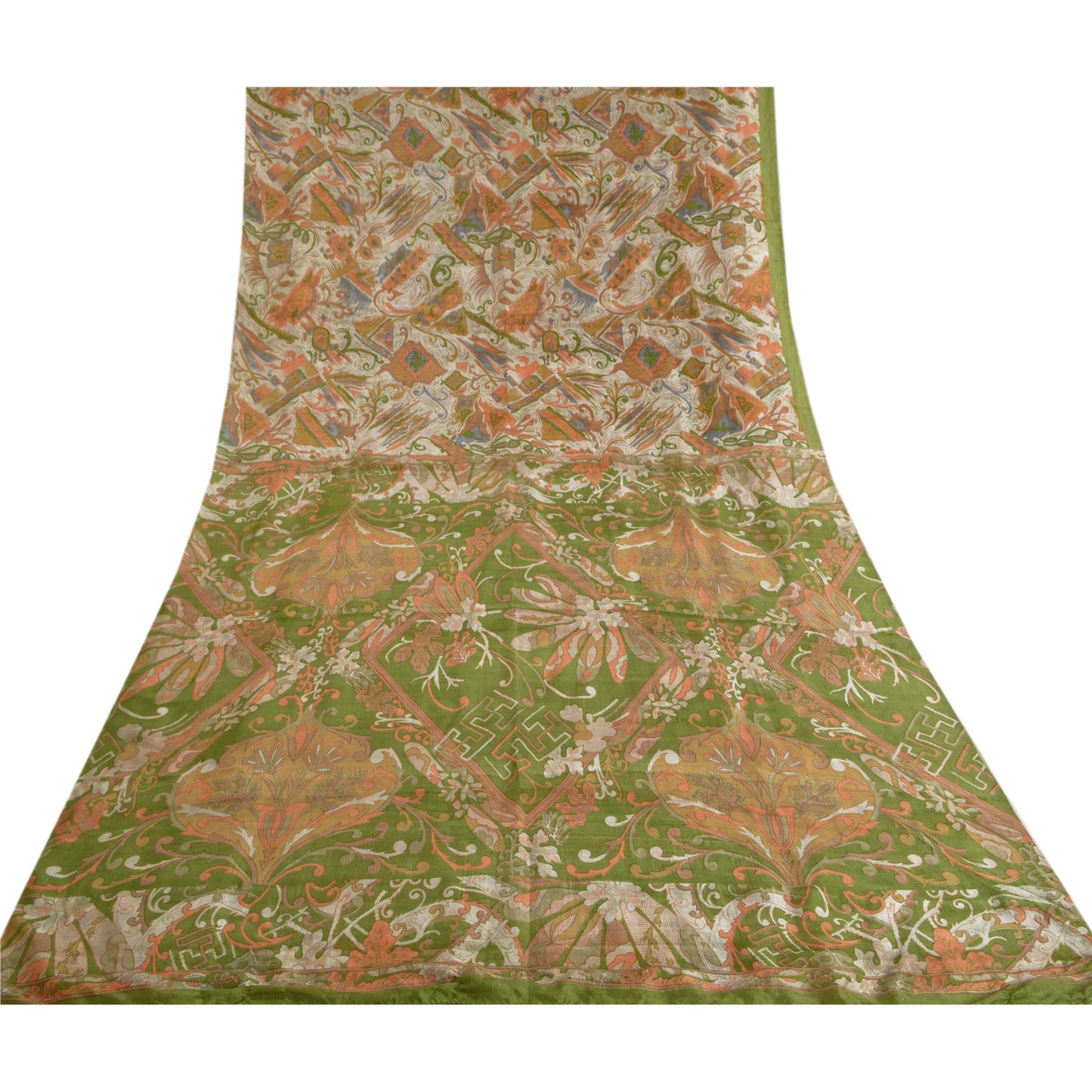 Sanskriti Vintage Sarees Cream Pure Silk Printed Sari Soft Floral Craft Sustainable Fabric