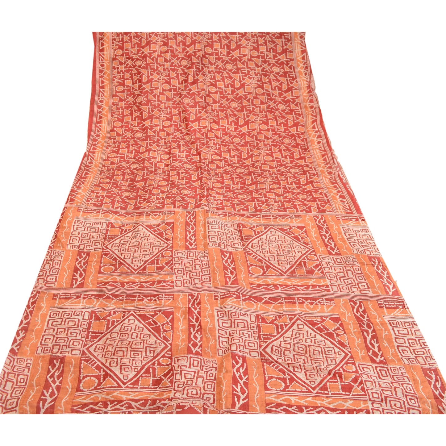 Sanskriti Vintage Sarees Red 100% Pure Silk Printed Sari Geometric Craft Sustainable Fabric