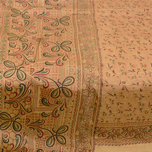 Sanskriti Vintage Sarees Beige Indian Pure Silk Printed Sari Floral Craft Sustainable Fabric