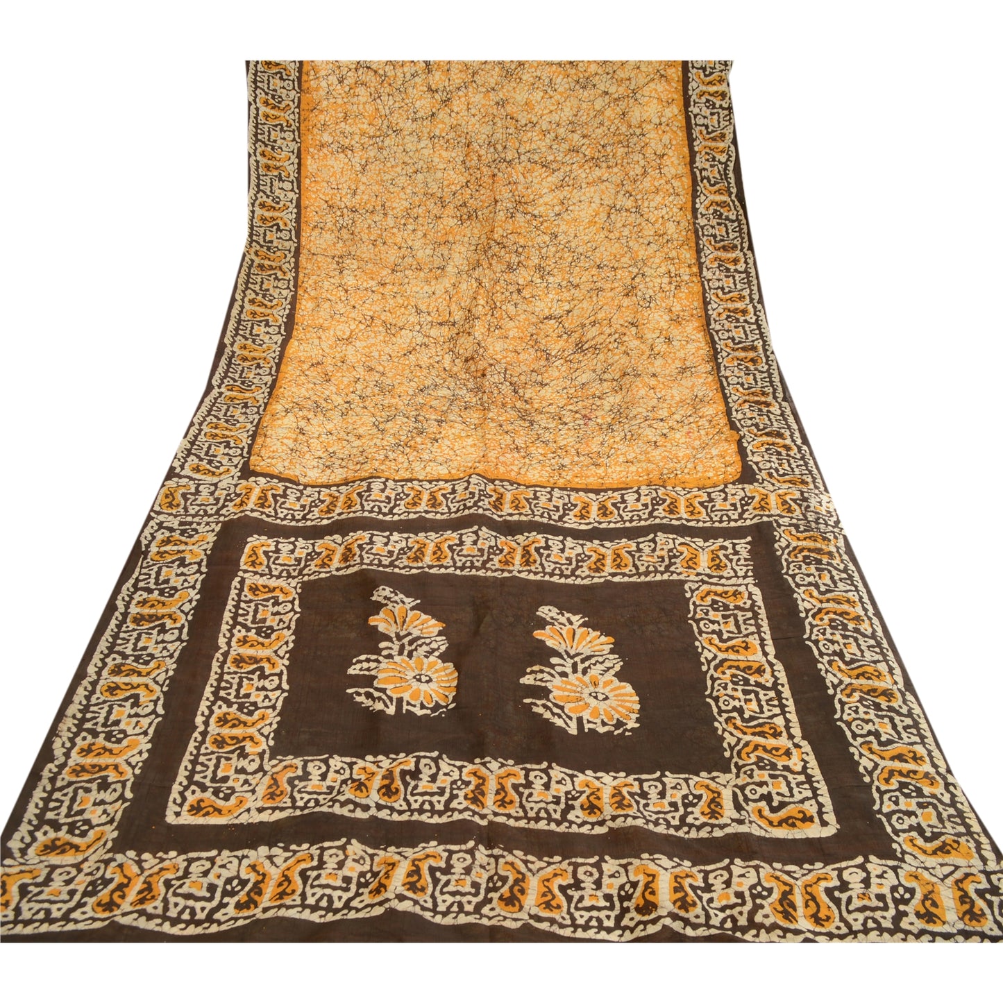 Санскритские винтажные сари батик с принтом шафрановый чистый шелк сари 5 ярдов ткань для рукоделия из экологически чистой ткани