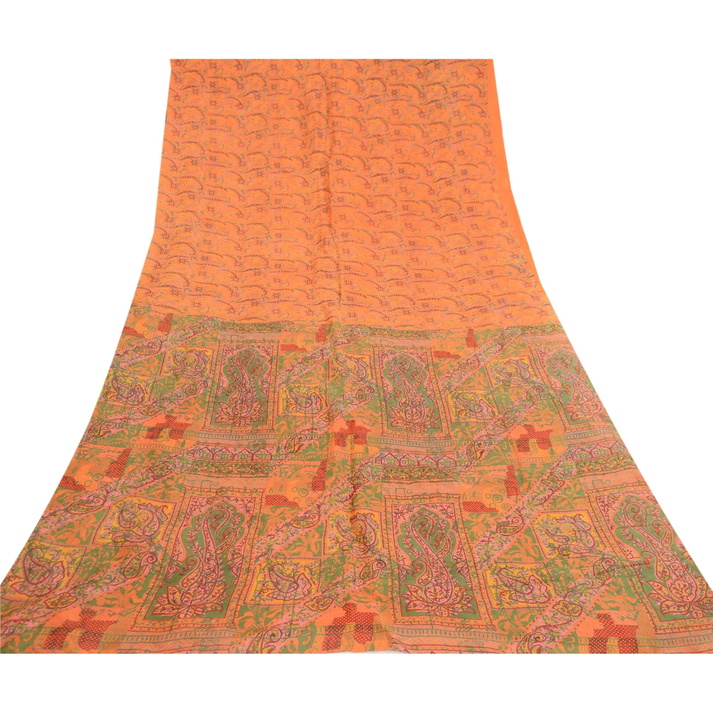 Sanskriti Vintage Sarees Saffron 100% Pure Silk Printed Sari Soft Craft Sustainable Fabric