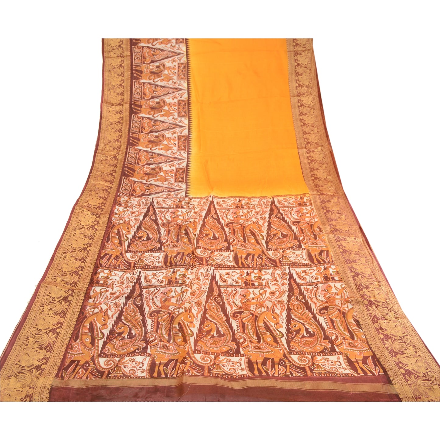 Sanskriti Vintage Sarees Yellow Human Animal Printed Pure Silk Sari Craft Sustainable Fabric
