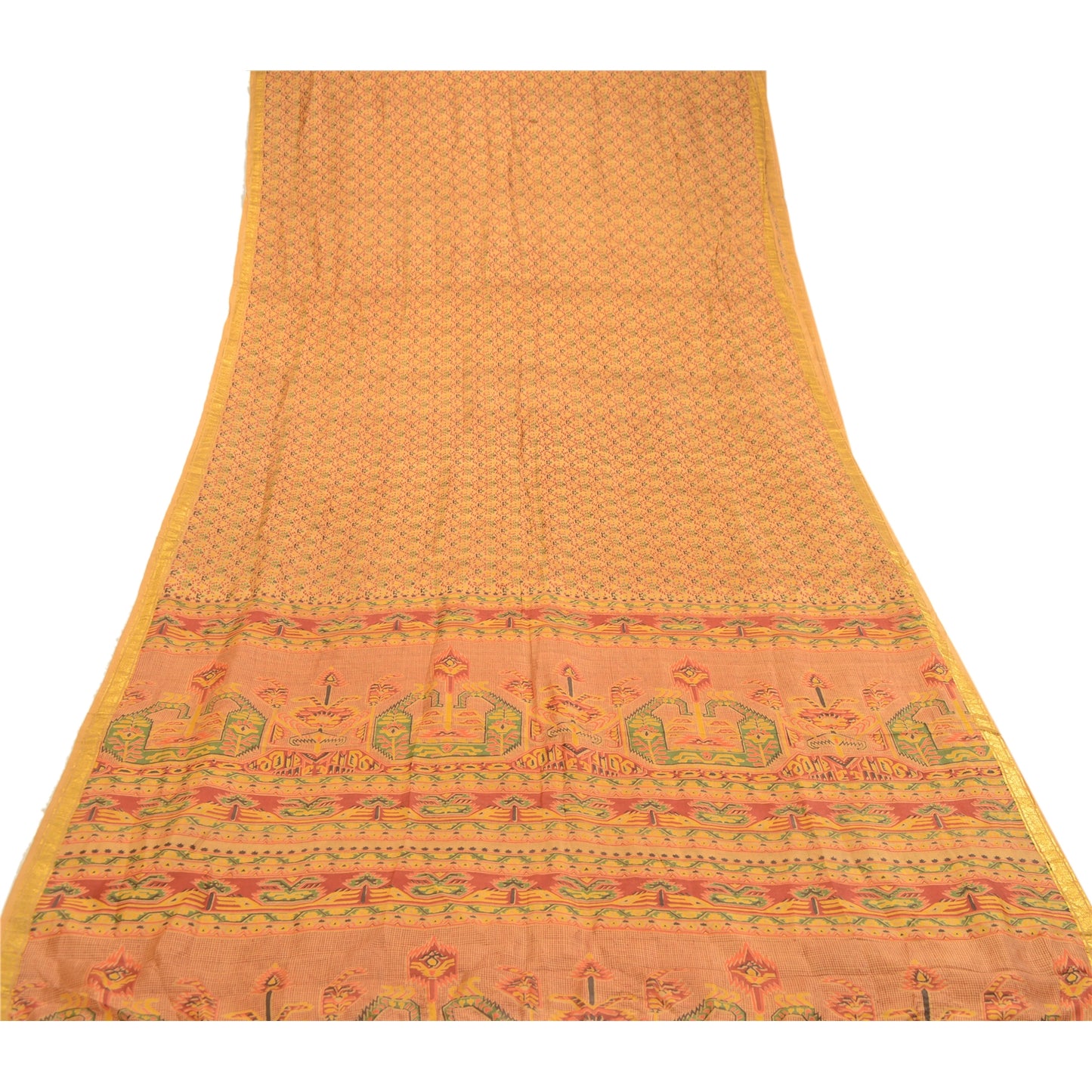 Sanskriti Vintage Sarees Saffron Pure Silk Printed Zari Border Sari Craft Sustainable Fabric