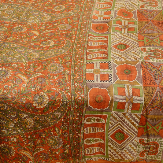 Sanskriti Vintage Sarees Orange 100% Pure Silk Printed Sari Floral Craft Sustainable Fabric