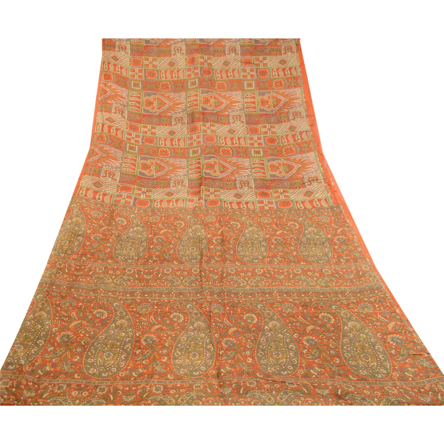 Sanskriti Vintage Sarees Orange 100% Pure Silk Printed Sari Floral Craft Sustainable Fabric
