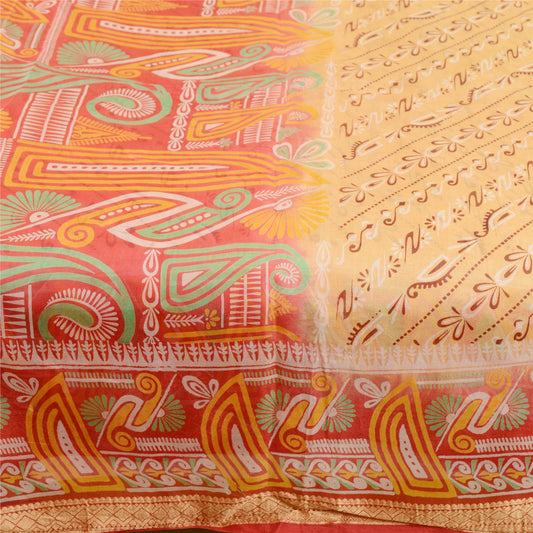 Sanskriti Vintage Sarees Beige 100% Pure Silk Printed Sari 5YD Soft Craft Sustainable Fabric