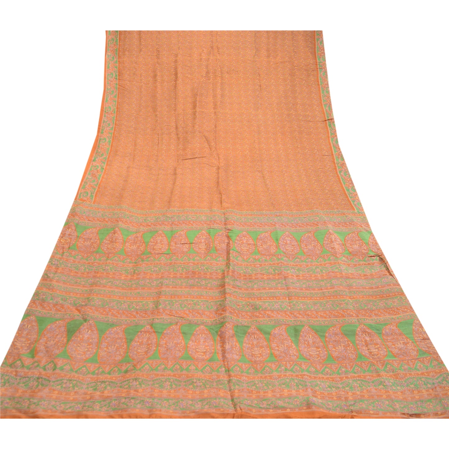 Sanskriti Vintage Sarees Orange Indian Pure Silk Printed Sari Soft Craft Sustainable Fabric