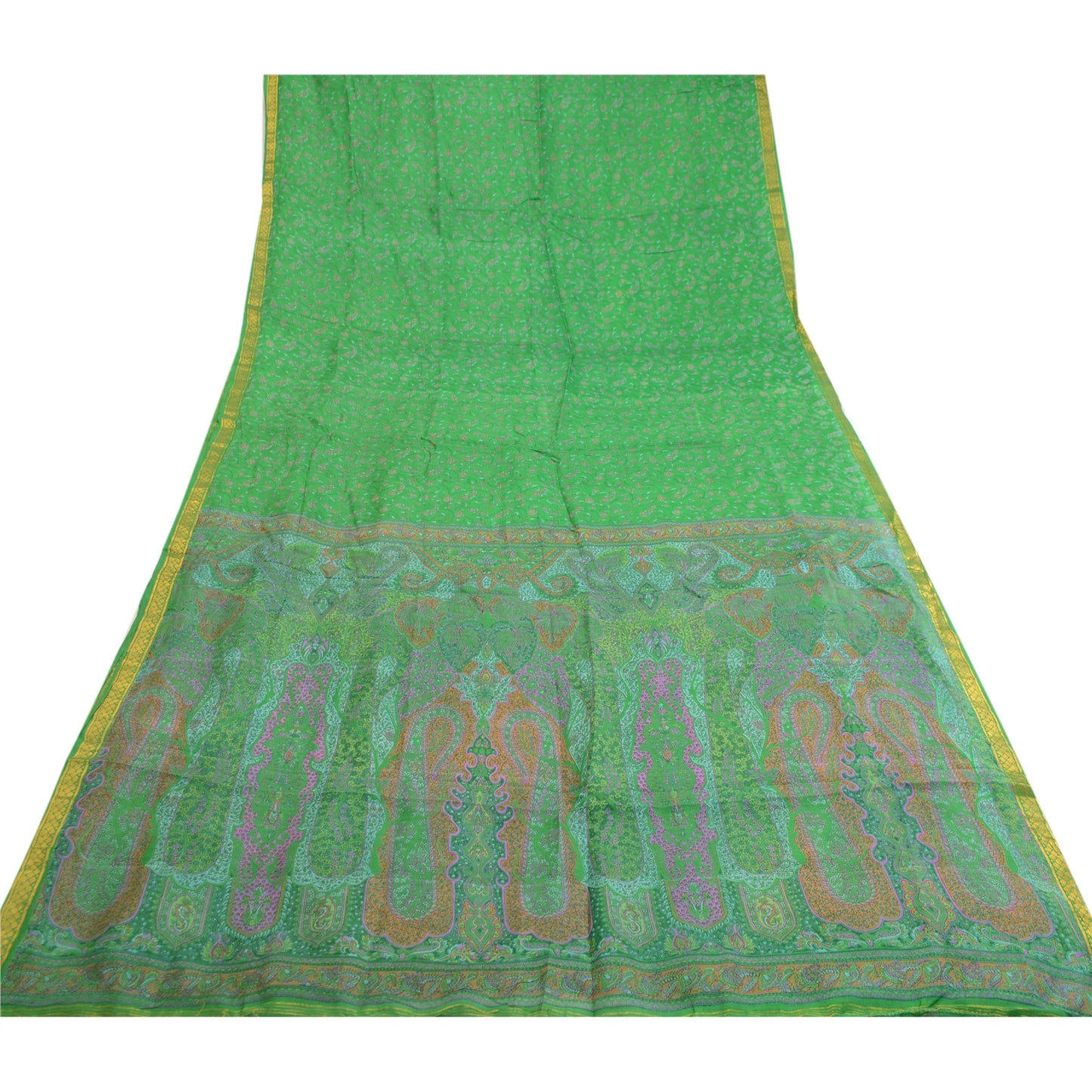 Sanskriti Vintage Sarees Green Pure Silk Printed Zari Border Sari Craft Sustainable Fabric