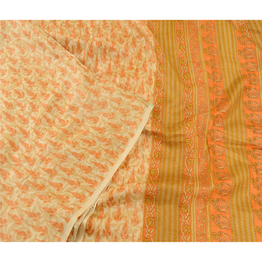 Sanskriti Vintage Sarees Cream 100% Pure Silk Printed Sari Floral Craft Sustainable Fabric