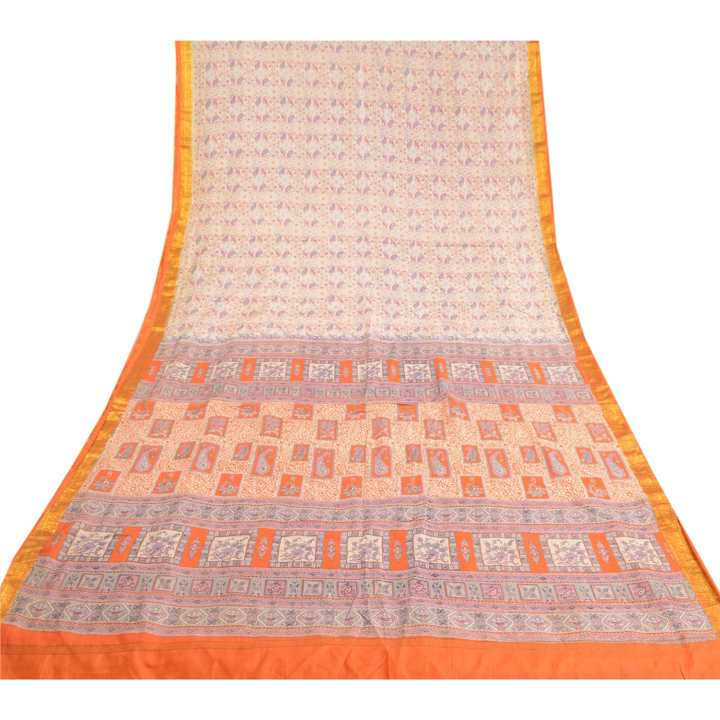 Sanskriti Vintage Sarees Ivory Pure Silk Printed Zari Border Sari Craft Sustainable Fabric