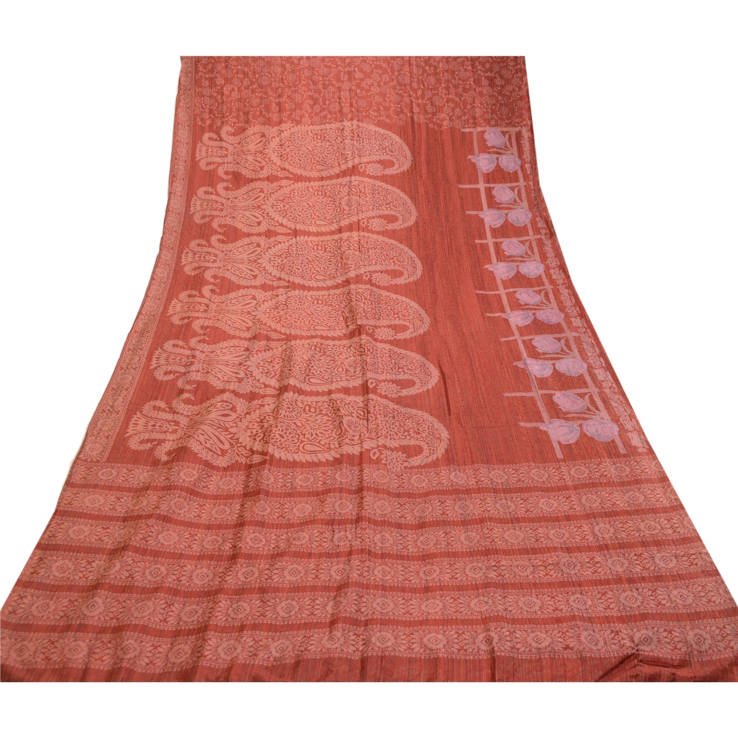Sanskriti Vintage Sarees From India Dark Red Pure Silk Printed Sari Craft Sustainable Fabric
