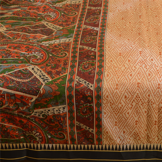 Sanskriti Vintage Sarees Indian Cream 100% Pure Silk Printed Sari Craft Sustainable Fabric