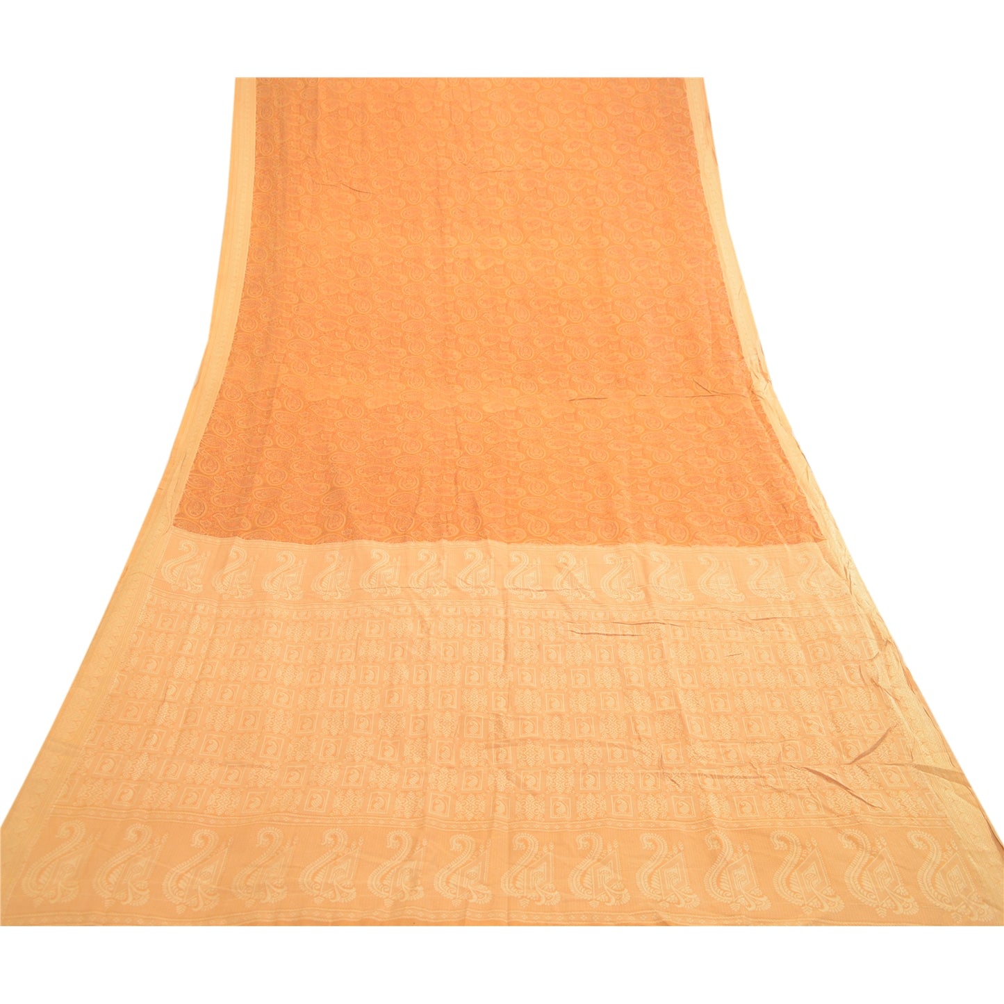 Sanskriti Vintage Sarees Caramel Pure Silk Printed Woven Sari 5yd Craft Sustainable Fabric