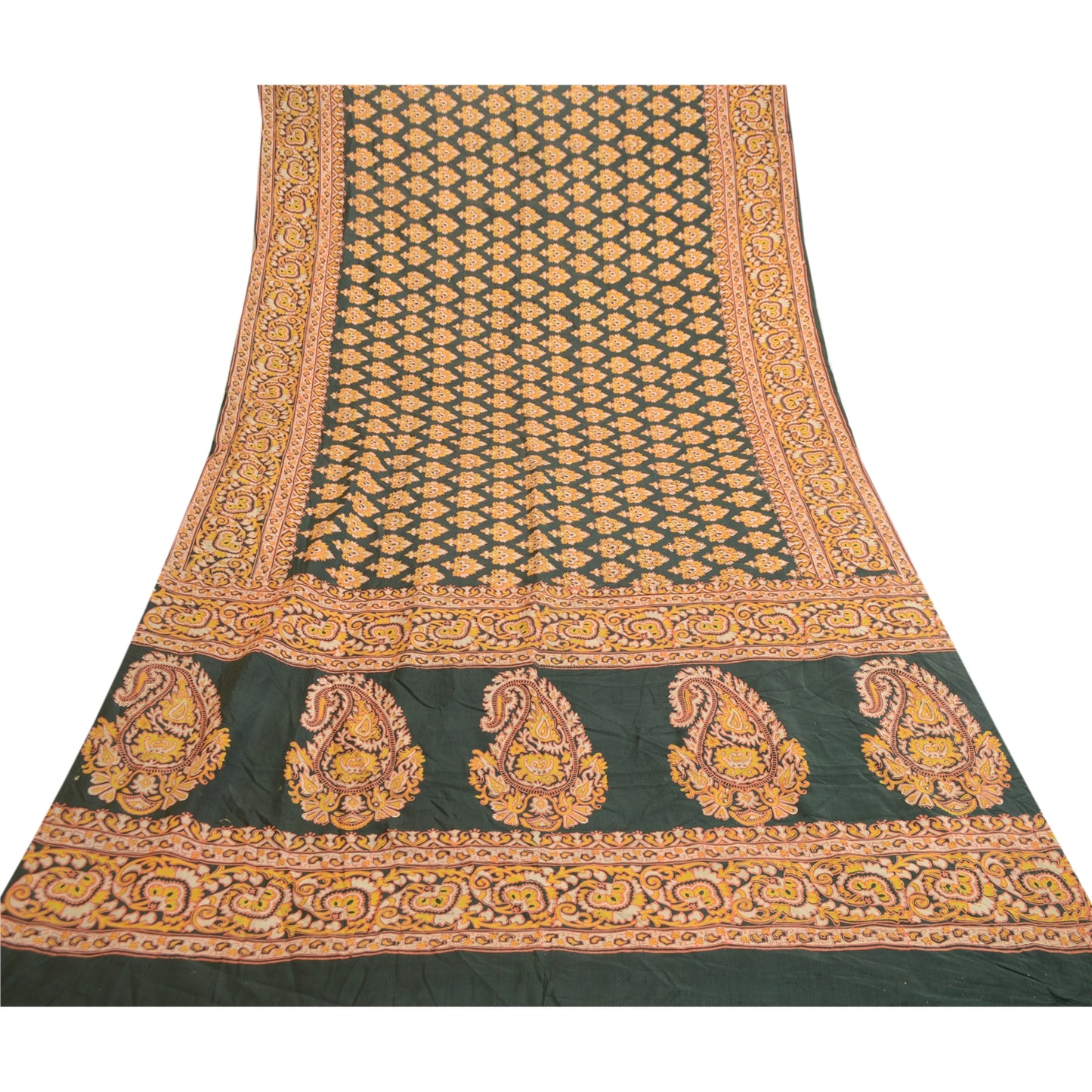 Sanskriti Vintage Sarees Indian Green Pure Silk Printed Sari Floral Craft Sustainable Fabric