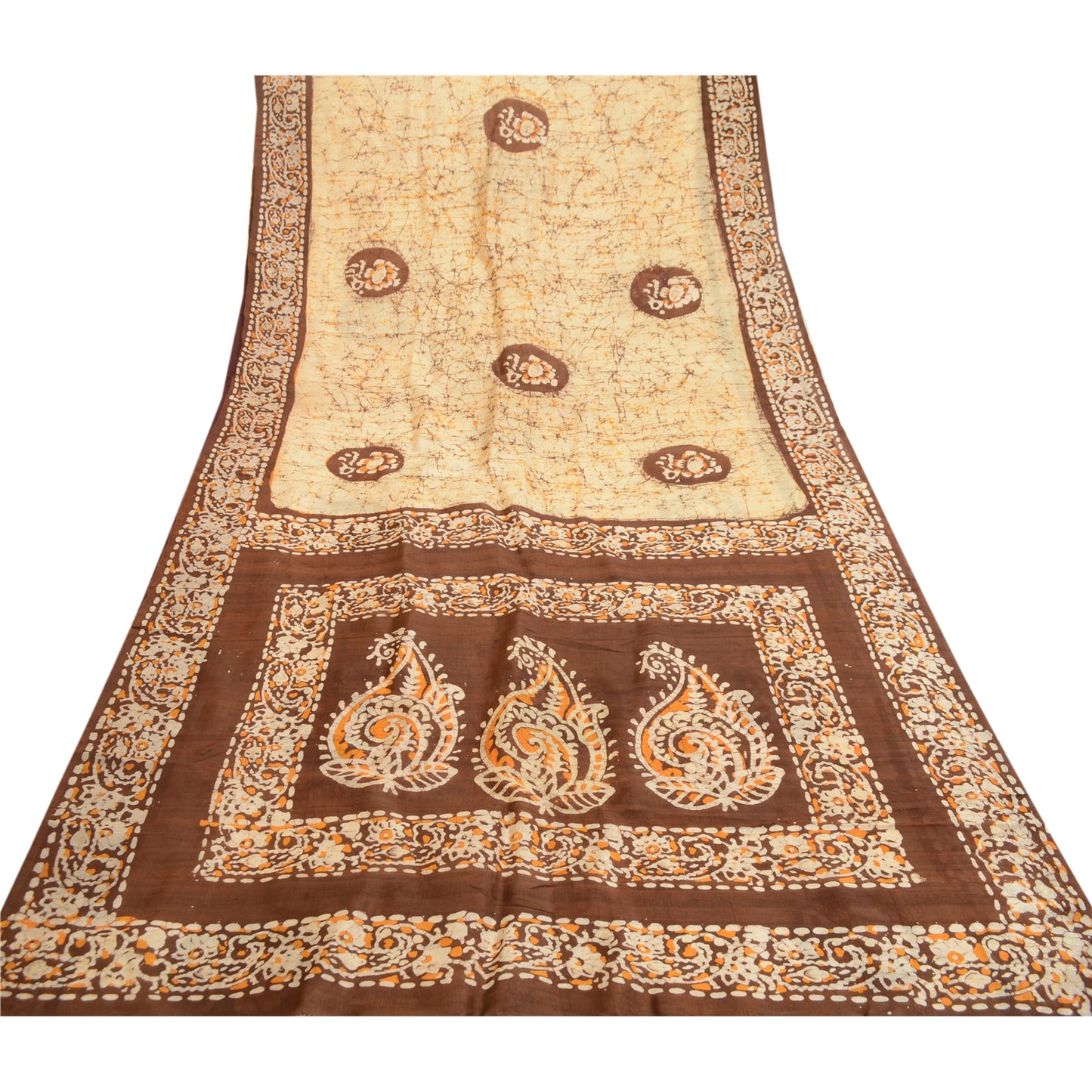 Sanskriti Vintage Sarees Indian Cream Batik Printed Pure Silk Sari Craft Sustainable Fabric