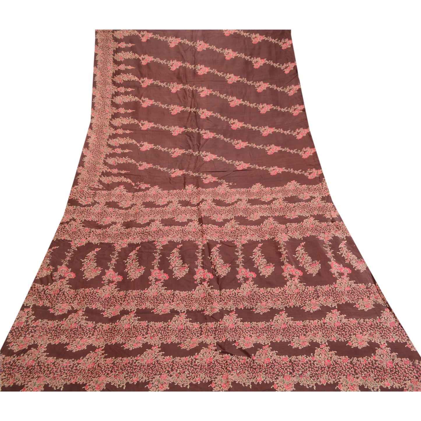 Sanskriti Vintage Sarees Indian Brown Printed Pure Silk Sari Floral Craft Sustainable Fabric